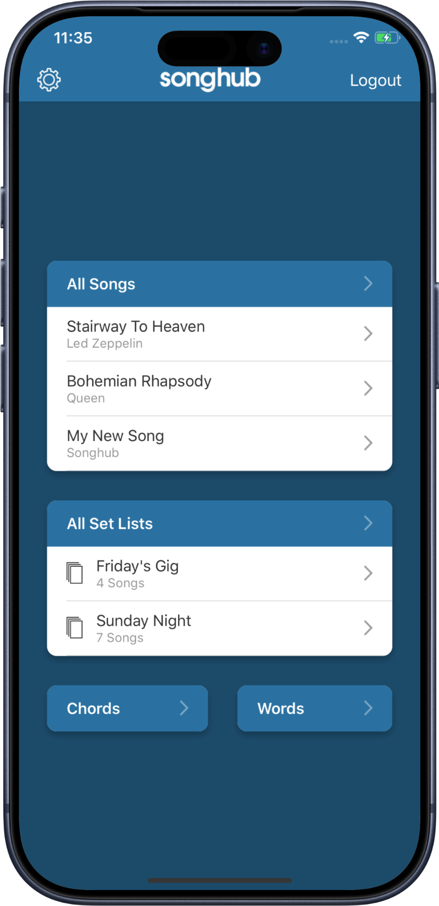 The Songhub dashboard showing All Set Lists, with each list's song count