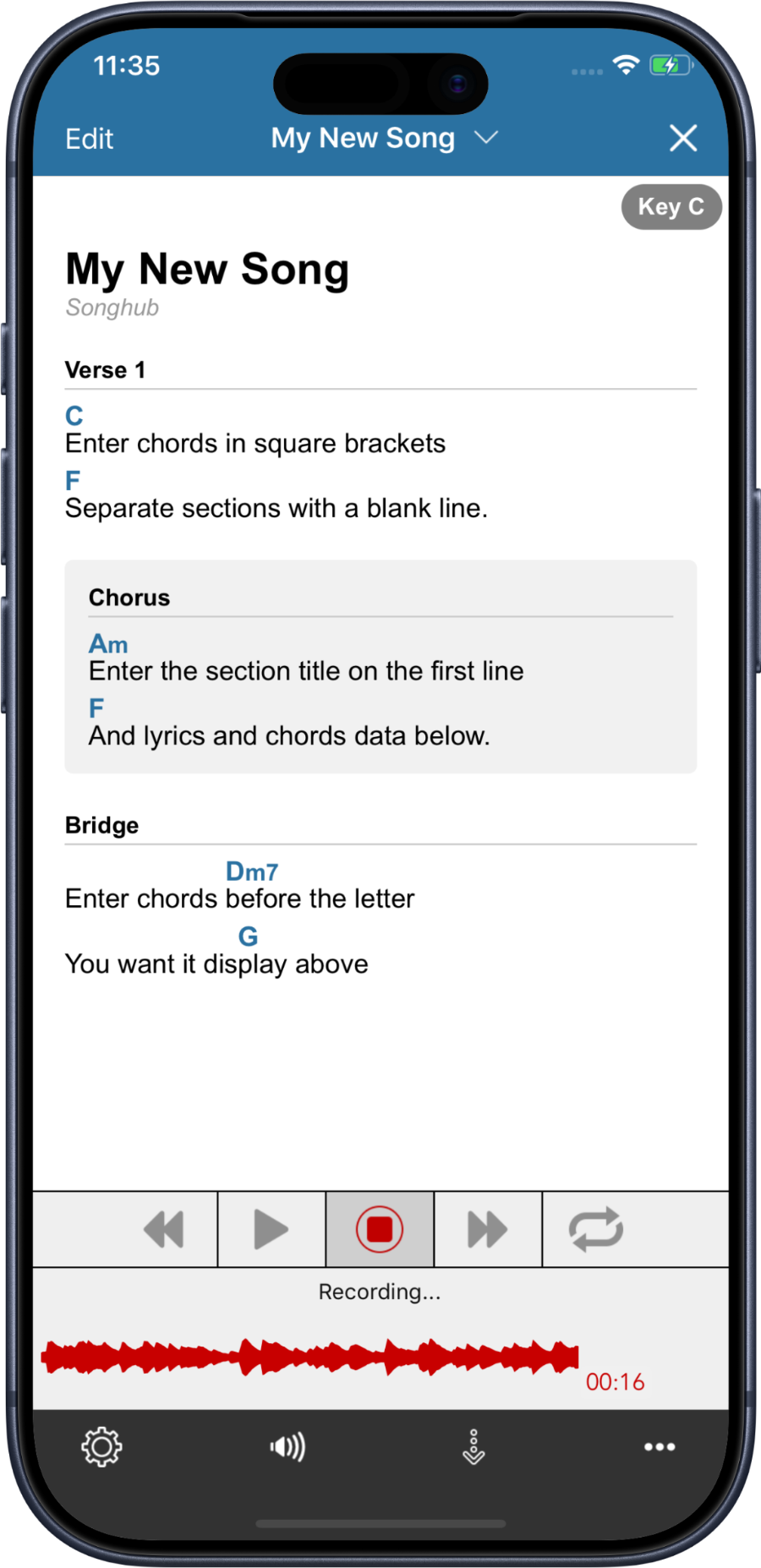 The Songhub song editor, showing chords entered in square brackets above section labels