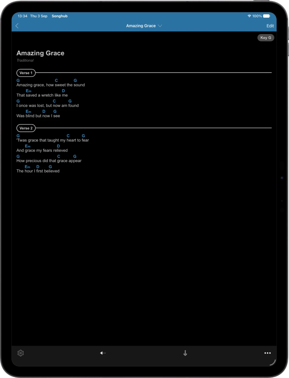 Songhub on iPad: Amazing Grace chord chart