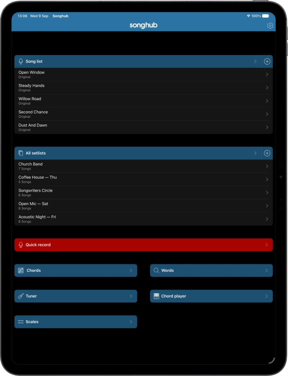 Songhub on iPad: Song list and set lists