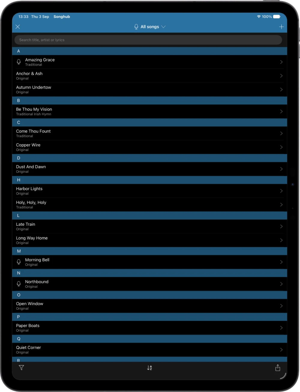 Songhub on iPad: All songs
