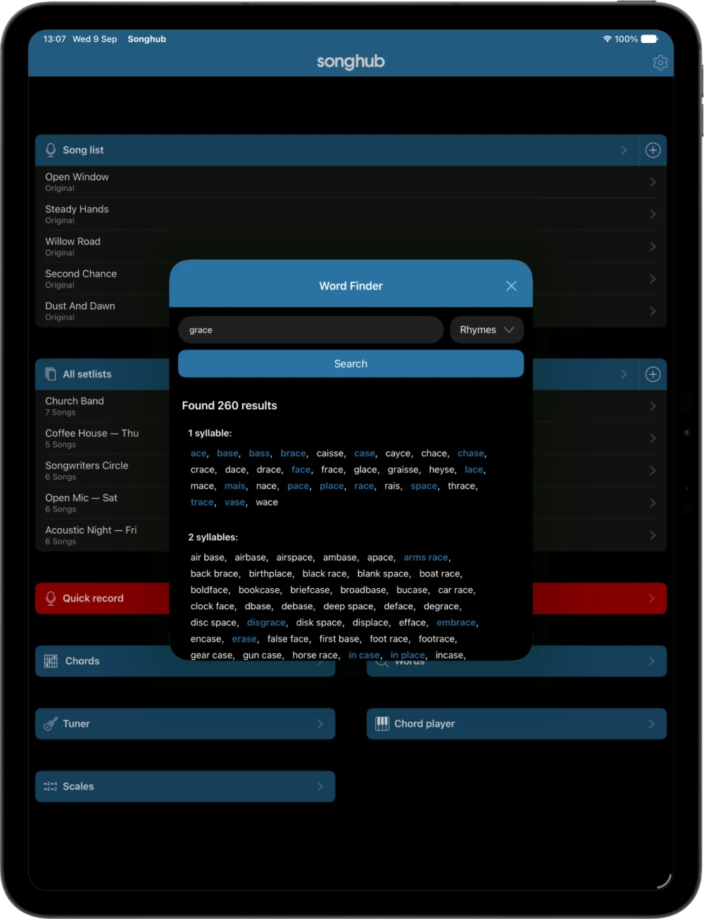 Songhub on iPad: Word finder