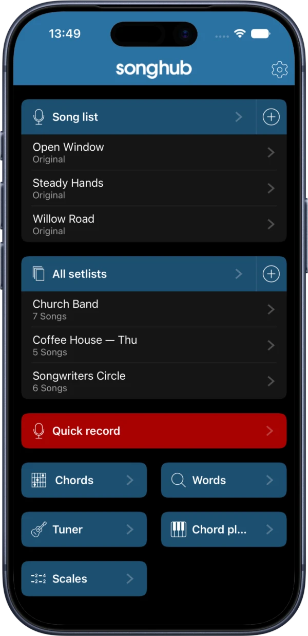 Songhub on iPhone: Song list and set lists