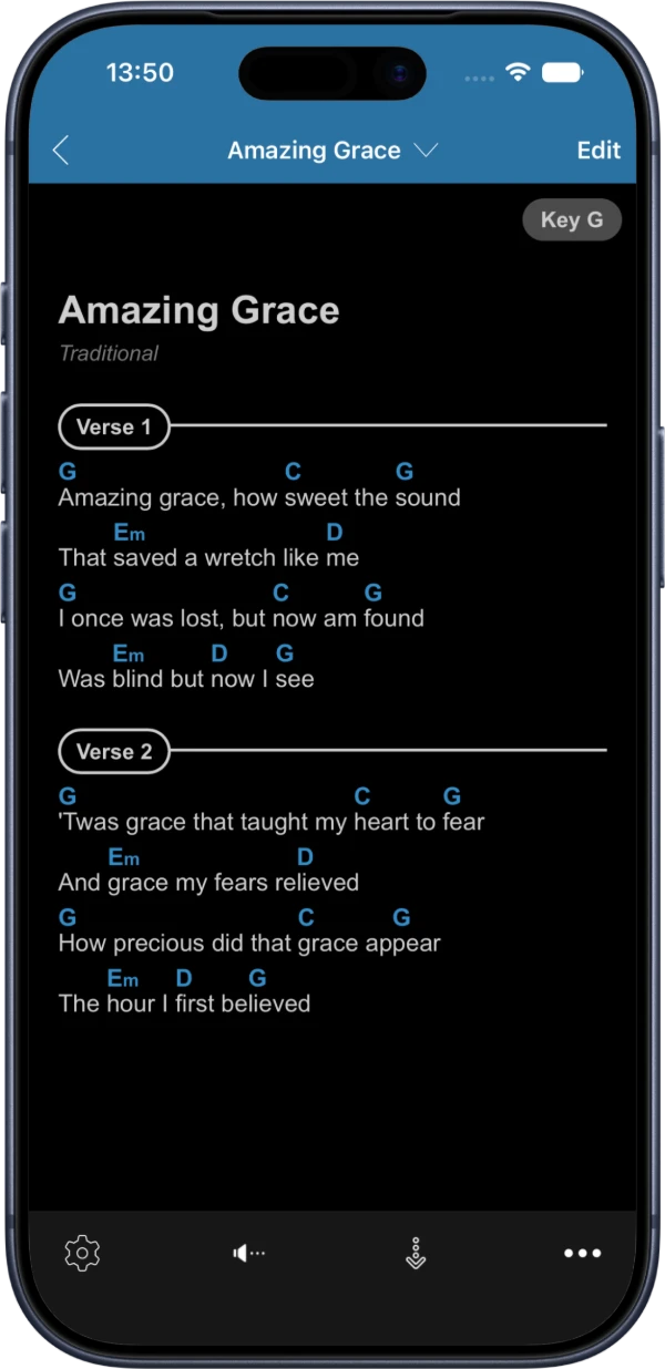Songhub on iPhone: Amazing Grace chord chart