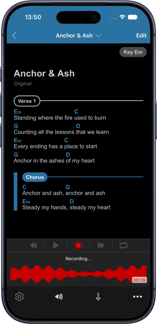 Songhub on iPhone: Recording a song idea