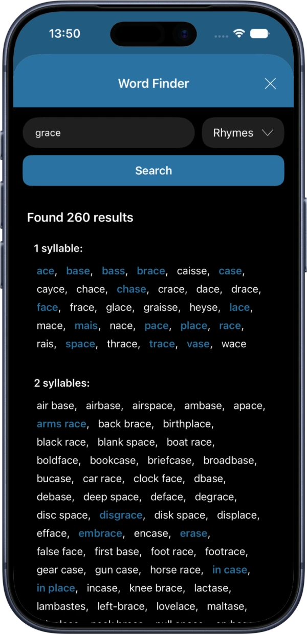 Songhub on iPhone: Word finder