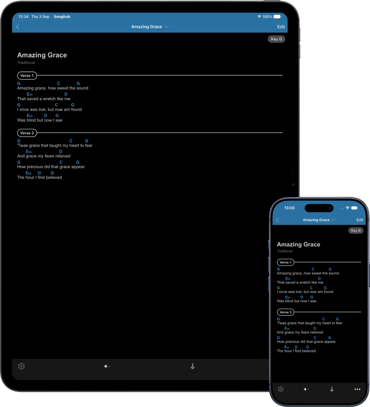 The same Songhub library on an iPad and iPhone
